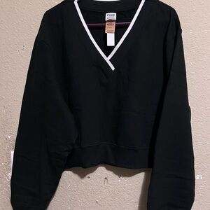 Black V-Neck Sweatshirt with White Trim